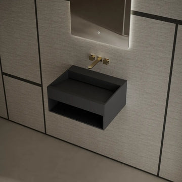 MonBlari XA-G71 Black Solid Surface Wall-Mount Basin 600mm - 800mm Side Top View Close-up