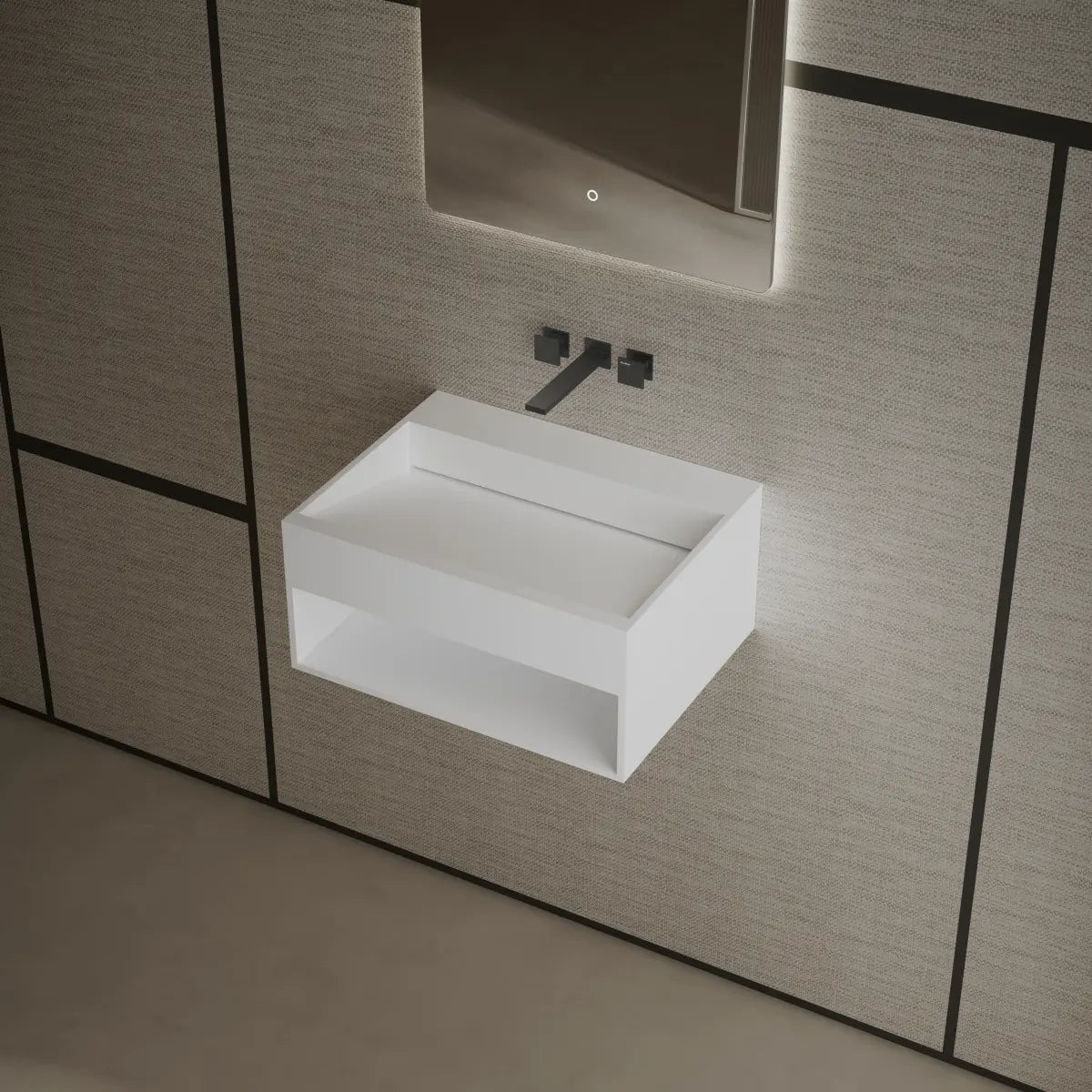 MonBlari XA-G71 White Solid Surface Wall-Mount Basin 600mm - 800mm Side Top View Close-up