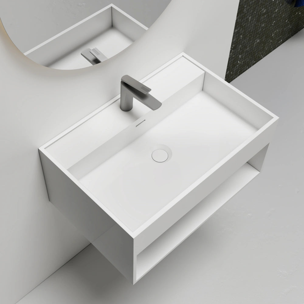 MonBlari XA-G72 Solid Surface Wall-Mounted Basin Bathroom Sink 600mm Side Top View Close-up