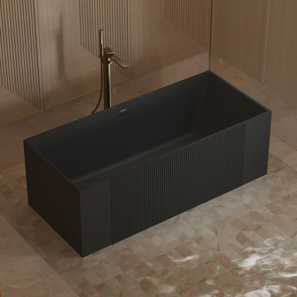 MonBlari XY-2005 Black Freestanding Solid Sueface Bathtub Side Top View