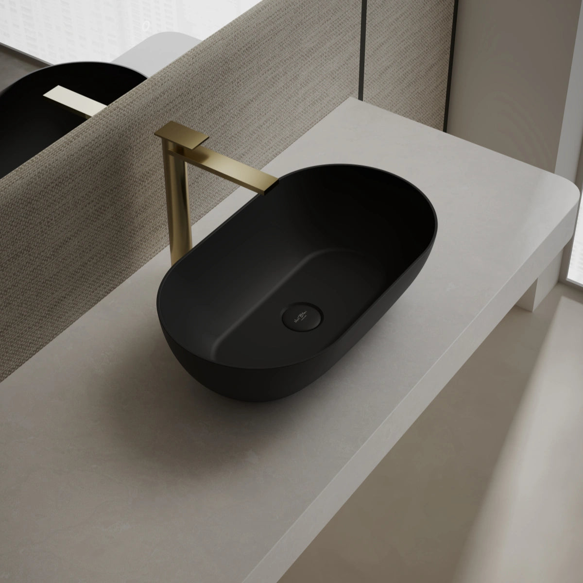 MonBlari Xa-A78 Black Countertop Solid Surface Basin Side Top View Close-up