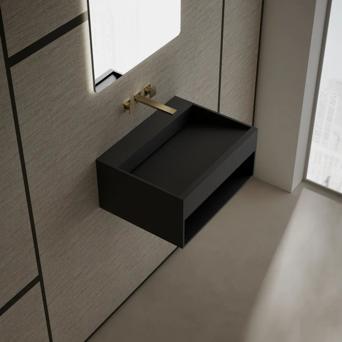 MonBlari Xa-G71 Black Solid Surface Wall-Mount Basin Side View Main image