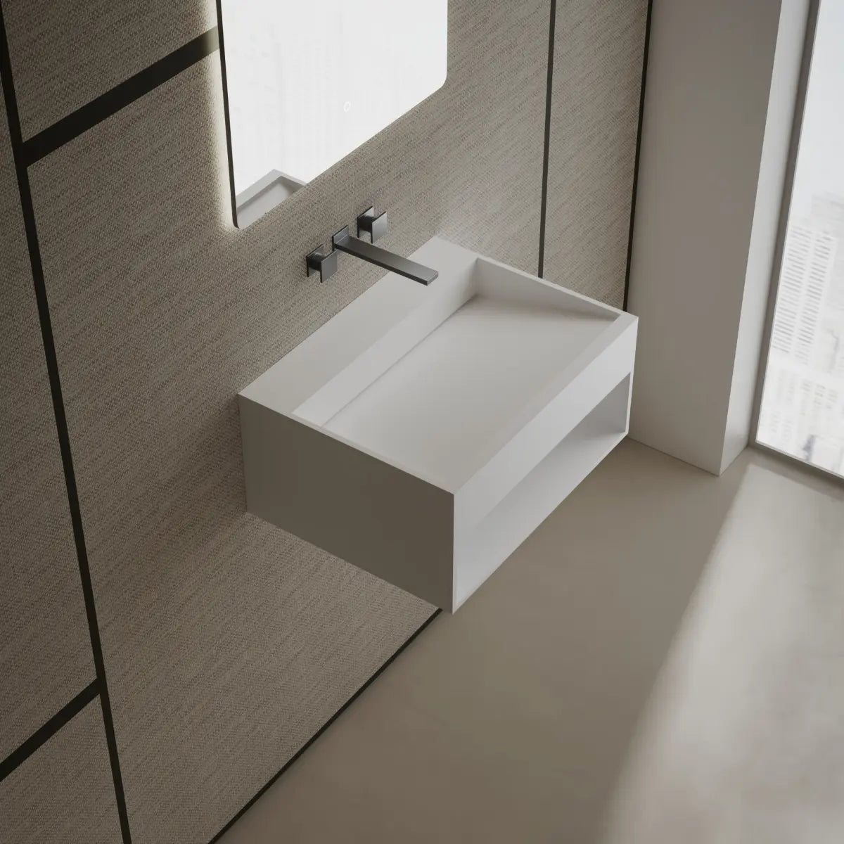 MonBlari Xa-G71 White Solid Surface Wall-Mount Basin Side Top View