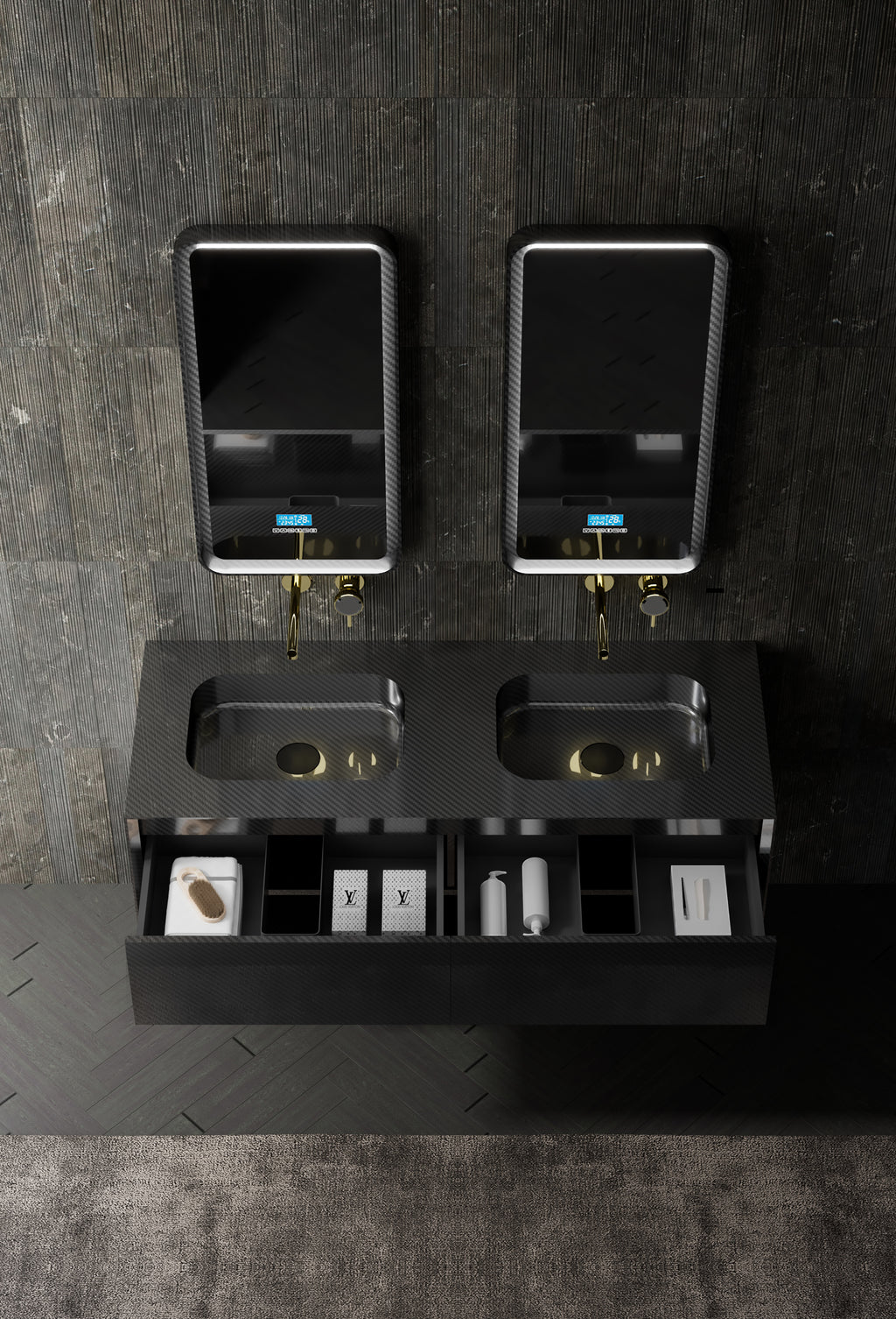 Monblari mc-v9970 carbon fiber vanity unit with mirror front top view close-up-1600mm