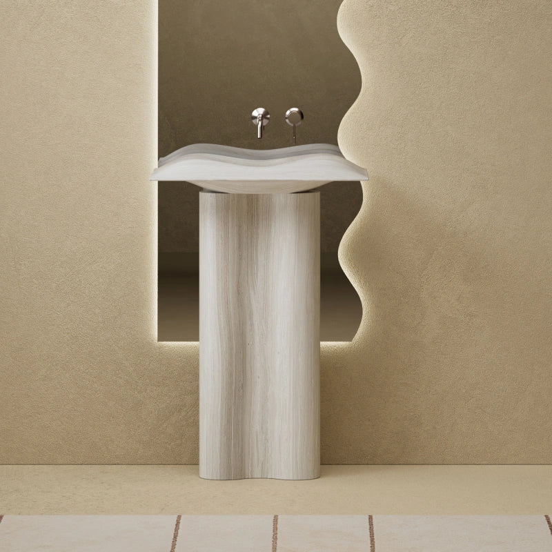 MonBlari MOON Series Minimalist White Wood Marble Pedestal Basin