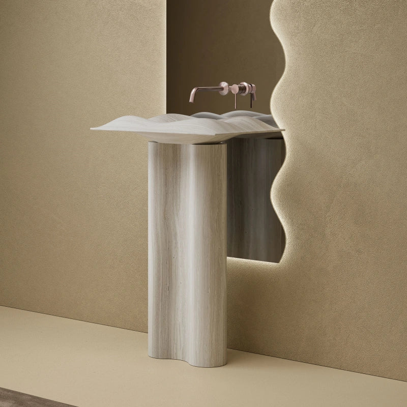 MonBlari MOON Series Minimalist White Wood Marble Pedestal Basin