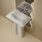 MonBlari MOON Series Minimalist White Wood Marble Pedestal Basin