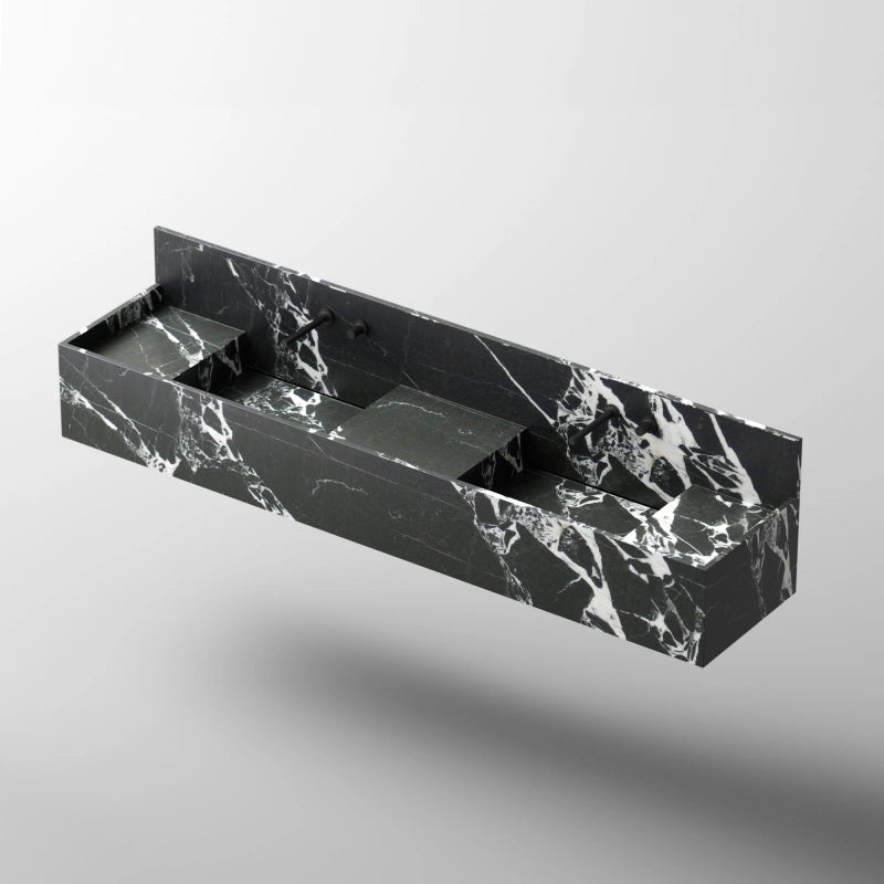 MonBlari Square City Series Black Marble Double Wall-Hung Basins with Backsplash