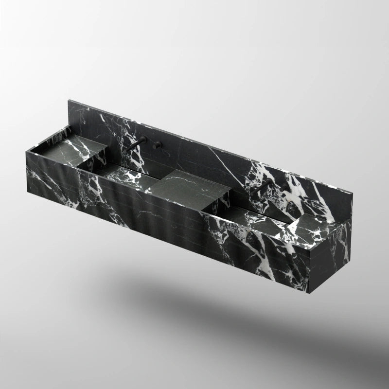 MonBlari Square City Series Black Marble Fluted Wall-Hung Basins with Backsplash