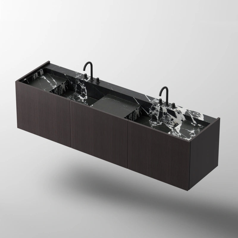 MonBlari City Square Series Black Marble Double Basin Vanity Unit with Fluted Cabinet
