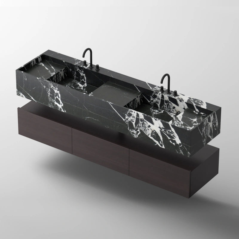 MonBlari City Square Series Black Marble Double Basin Wall-Hung Vanity Unit Set