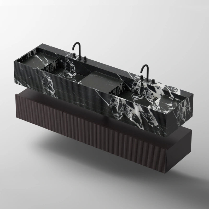 MonBlari City Square Series Black Marble Bathroom Vanity Unit with Ribbed Basin & Storage