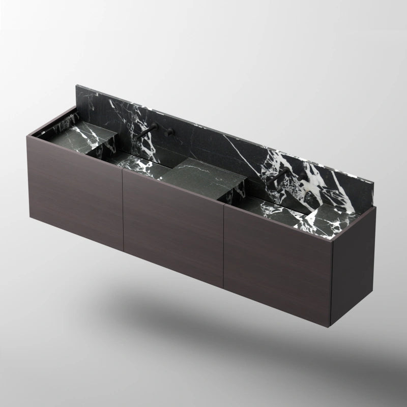 MonBlari City Square Series Black Marble Wall-Hung Vanity with Triple Storage Cabinets