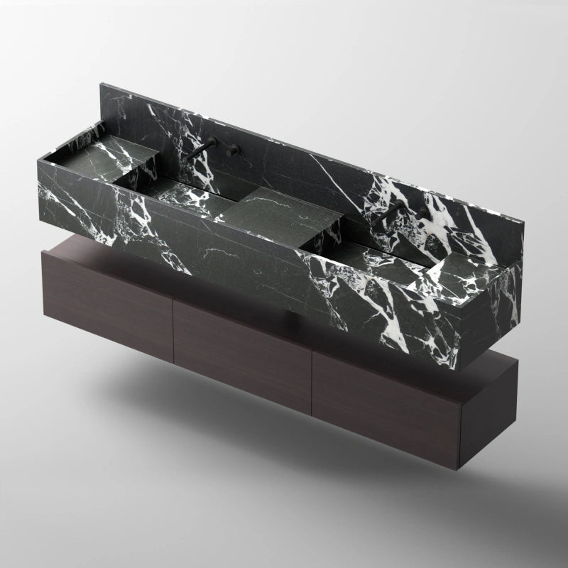 MonBlari City Square Series Bvlgari Black Marble Double Basin Wall-Hung Vanity Set