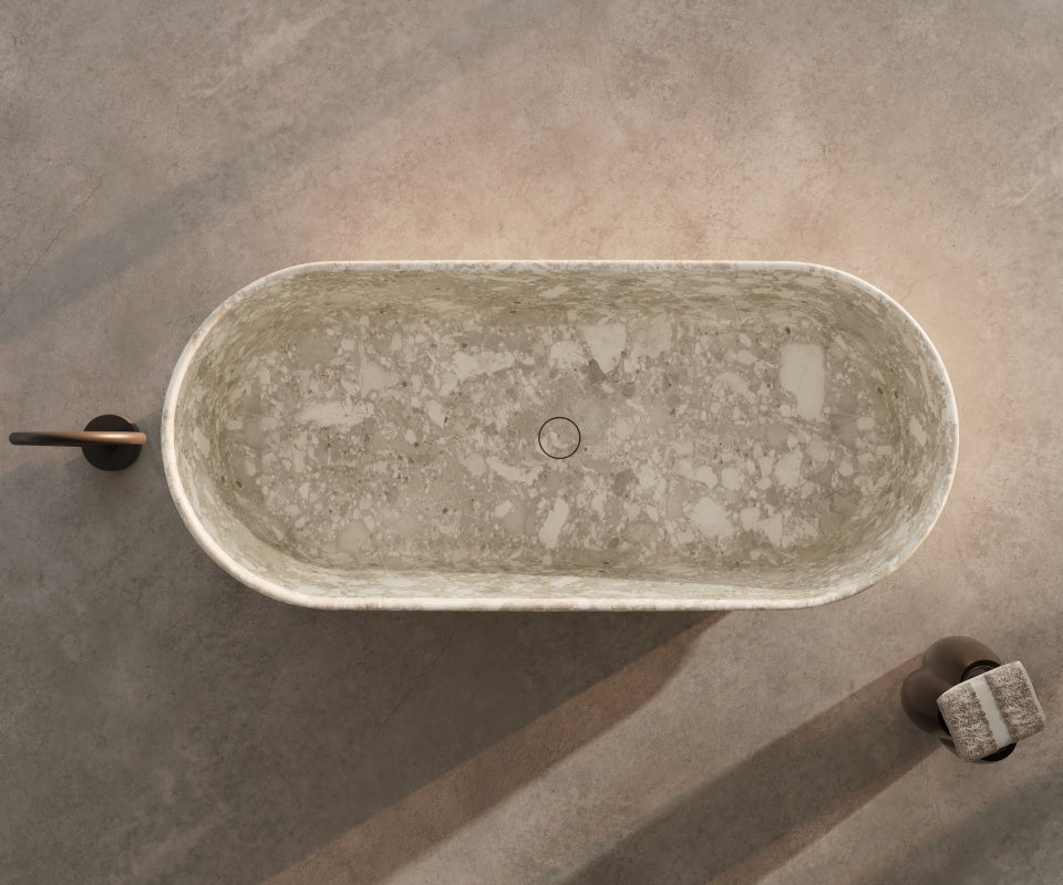 MonBlari STRATA Series Natural Marble Freestanding Soaking Tub with Center Drain