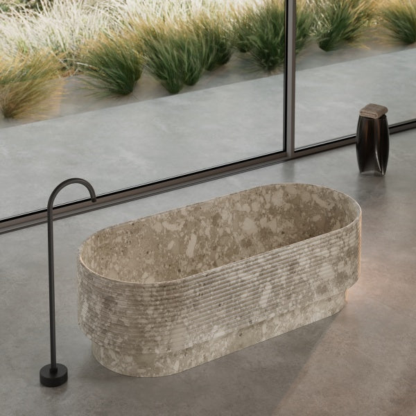 MonBlari STRATA Series Natural Marble Freestanding Soaking Tub with Center Drain
