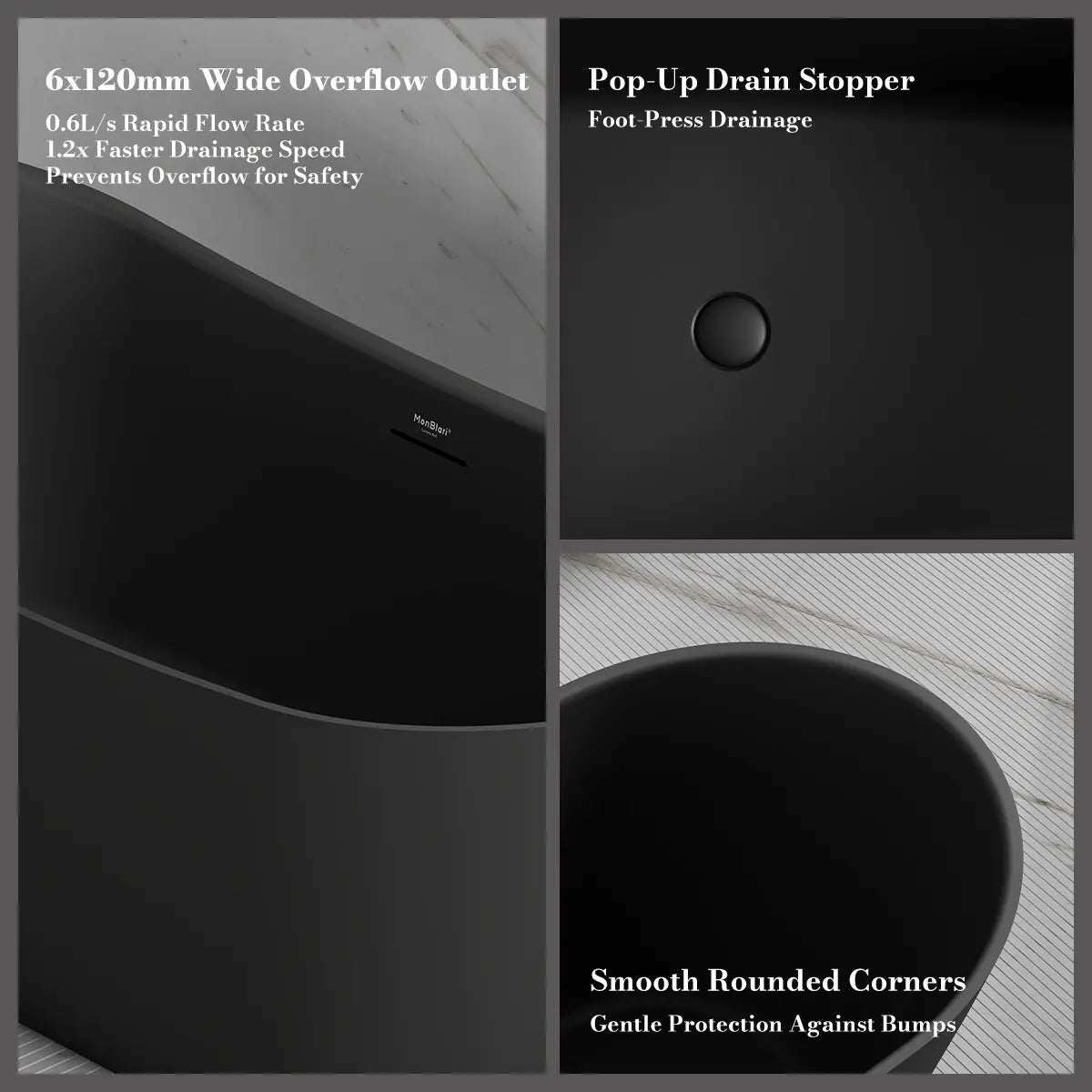 MonBlari TW-6612 Black Acrylic Freestanding Bathtub 1520mm - 1690mm