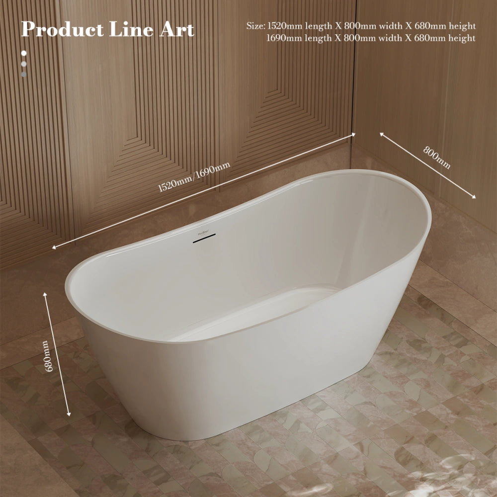 MonBlari TW-6612 White Acrylic Freestanding Bathtub 1520mm - 1690mm