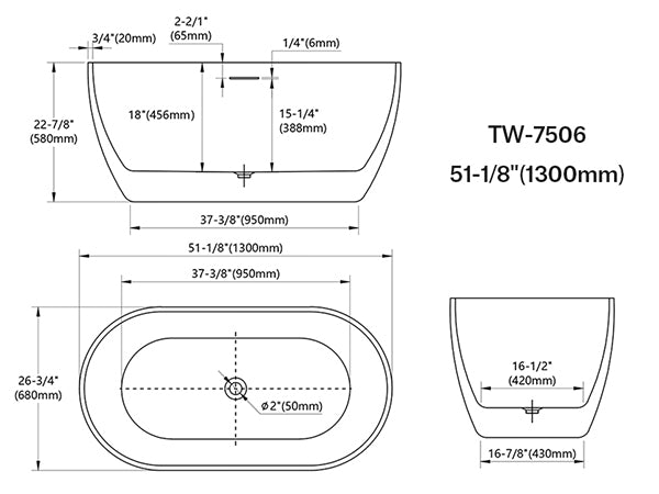 MonBlari TW-7506 Acrylic Freestanding Bathtub 1300mm - 1720mm