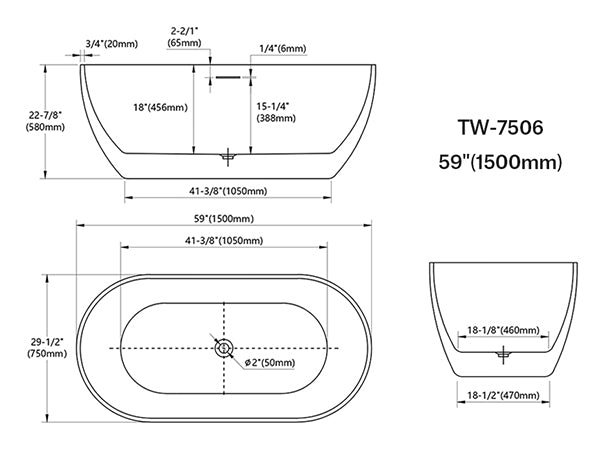 MonBlari TW-7506 Acrylic Freestanding Bathtub 1300mm - 1720mm