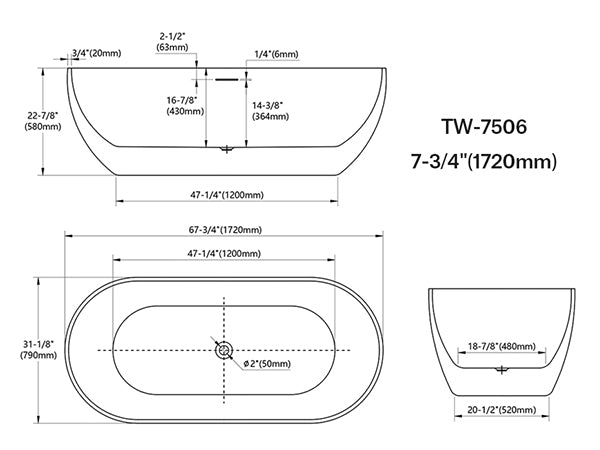 MonBlari TW-7506 Acrylic Freestanding Bathtub 1300mm - 1720mm