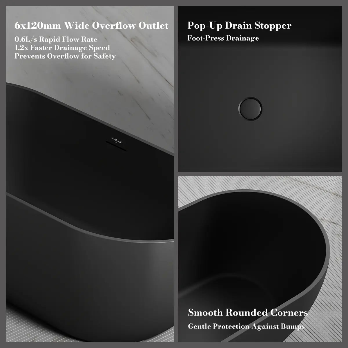 MonBlari TW-7506 Black Acrylic Freestanding Bathtub 1300mm - 1720mm
