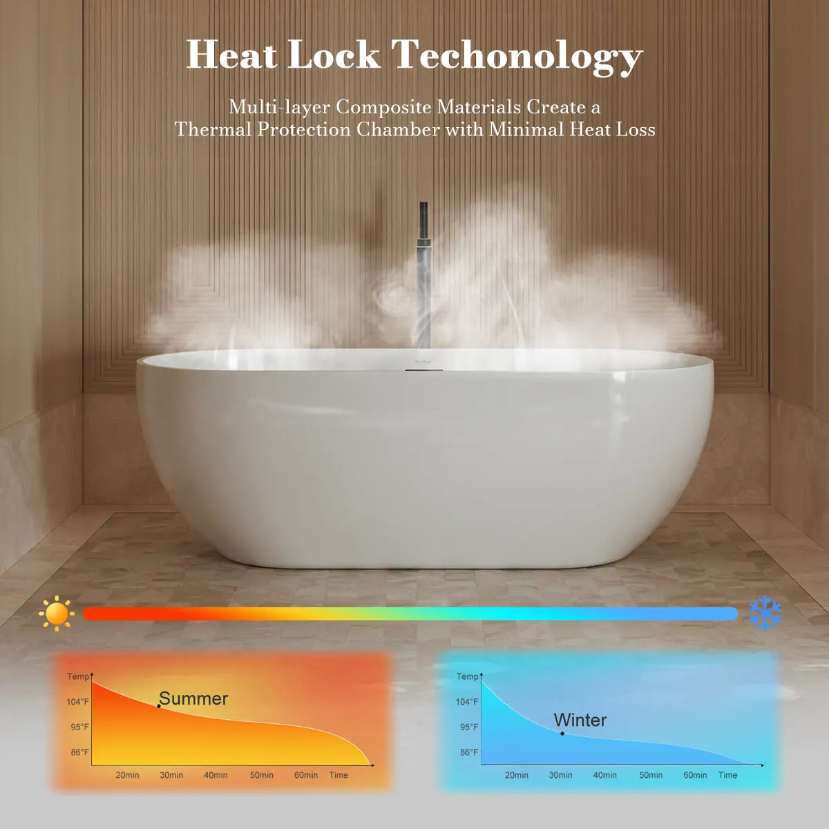 MonBlari TW-7506 White Acrylic Freestanding Bathtub 1300mm - 1720mm