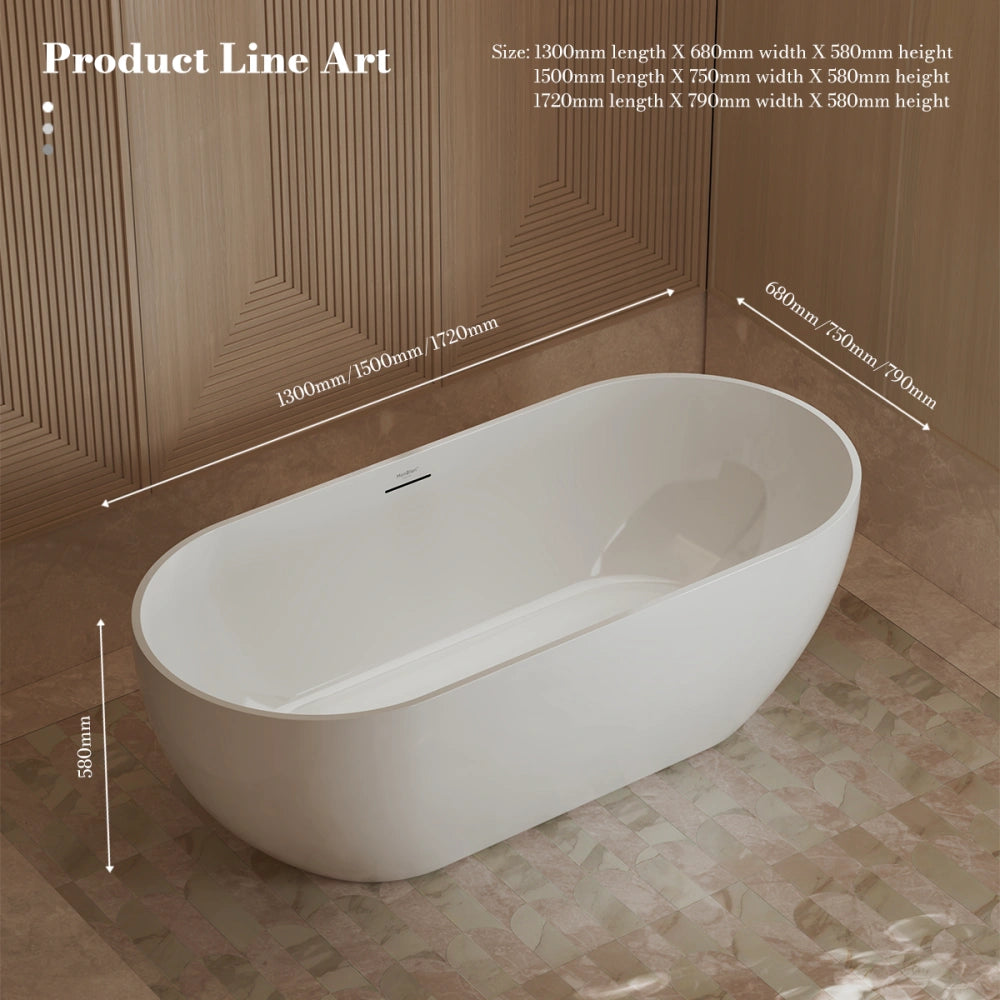 MonBlari TW-7506 White Acrylic Freestanding Bathtub 1300mm - 1720mm