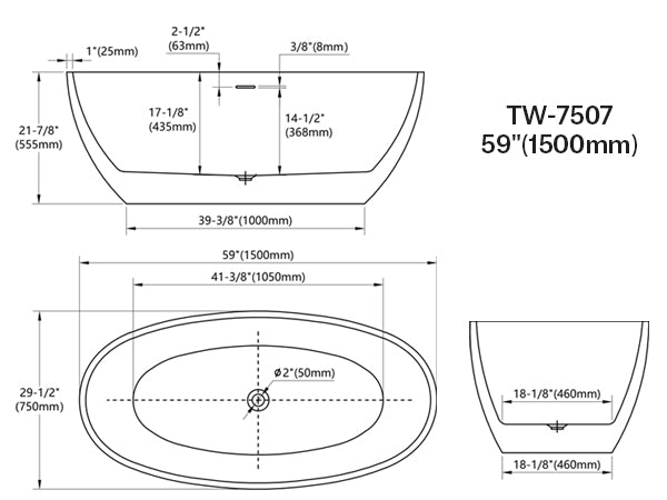 MonBlari TW-7507 Acrylic Freestanding Bathtub 1500mm-1700mm