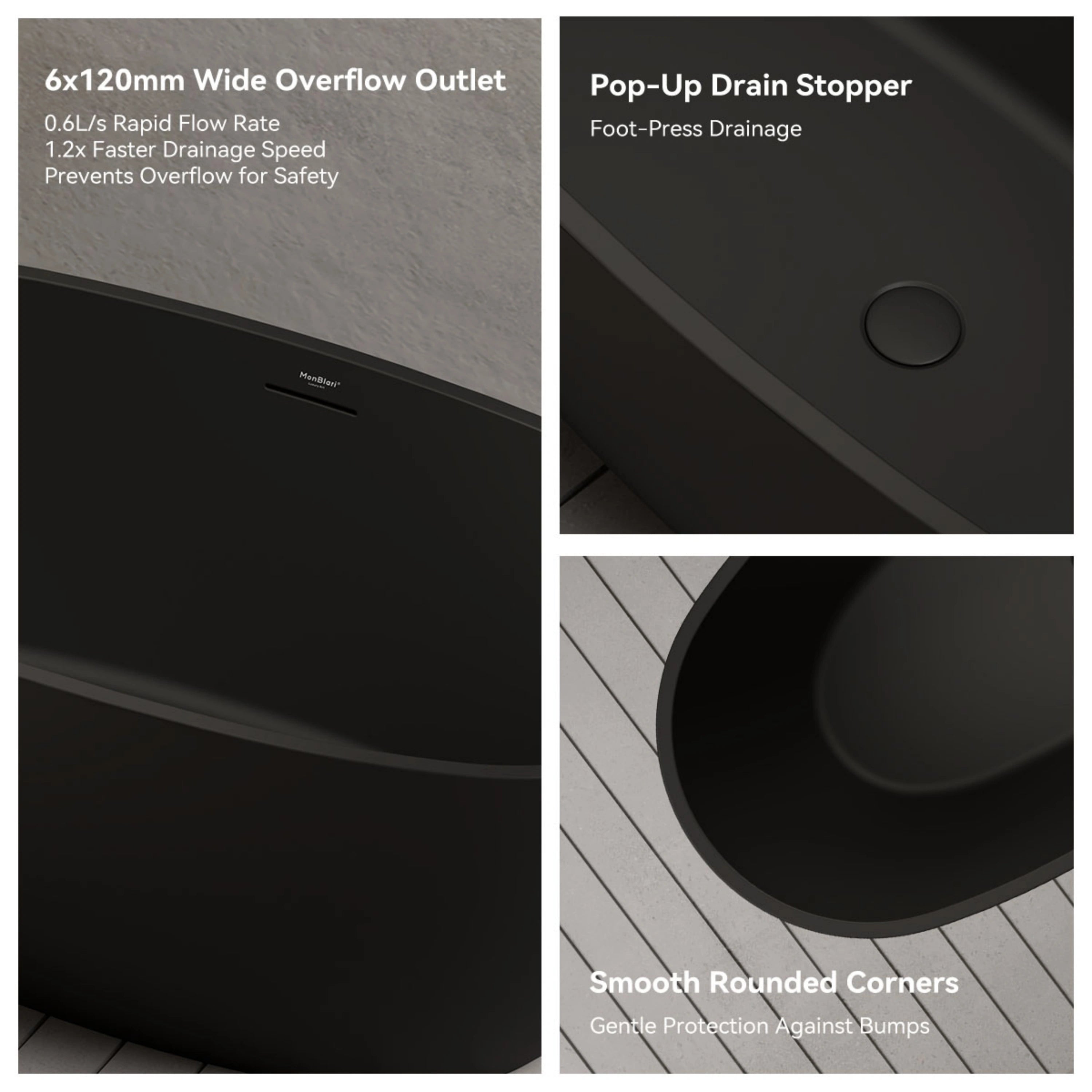 MonBlari TW-7507 Black Acrylic Freestanding Bathtub 1500mm-1700mm