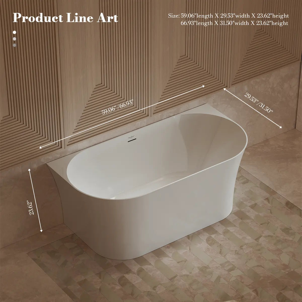 MonBlari TW-7725 White Acrylic Back-to-Wall Bathtub 1500mm - 1700mm