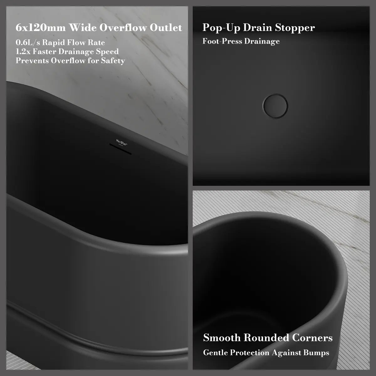 MonBlari TW-7780 Black Acrylic Freestanding Bathtub 1500mm - 1700mm