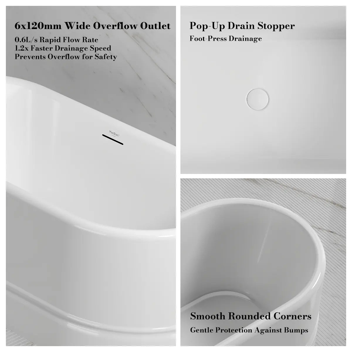 MonBlari TW-7780 White Acrylic Freestanding Bathtub 1500mm - 1700mm