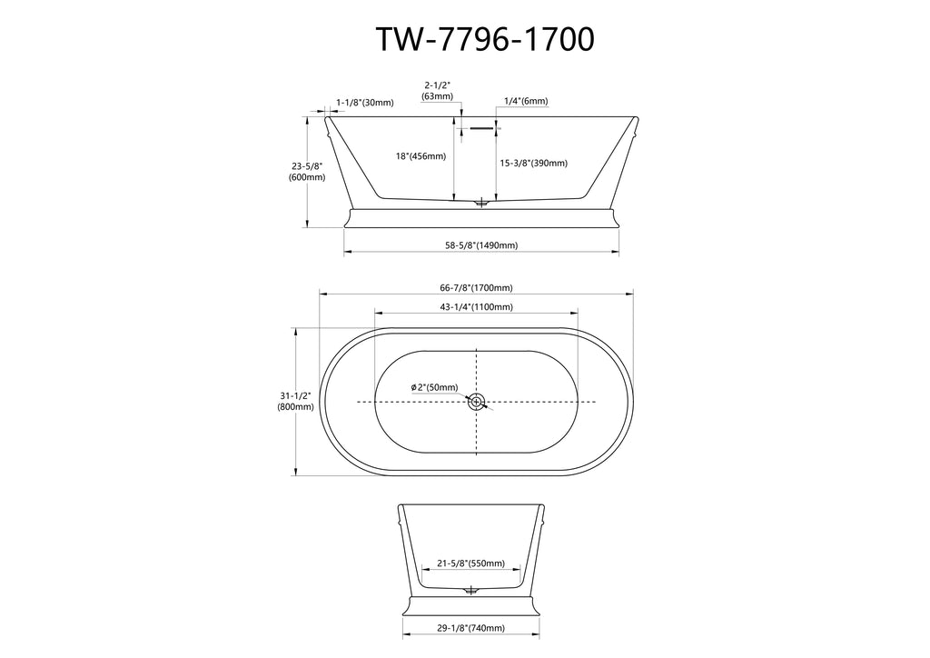 MonBlari TW-7796 White Acrylic Freestanding Bathtub 1700mm