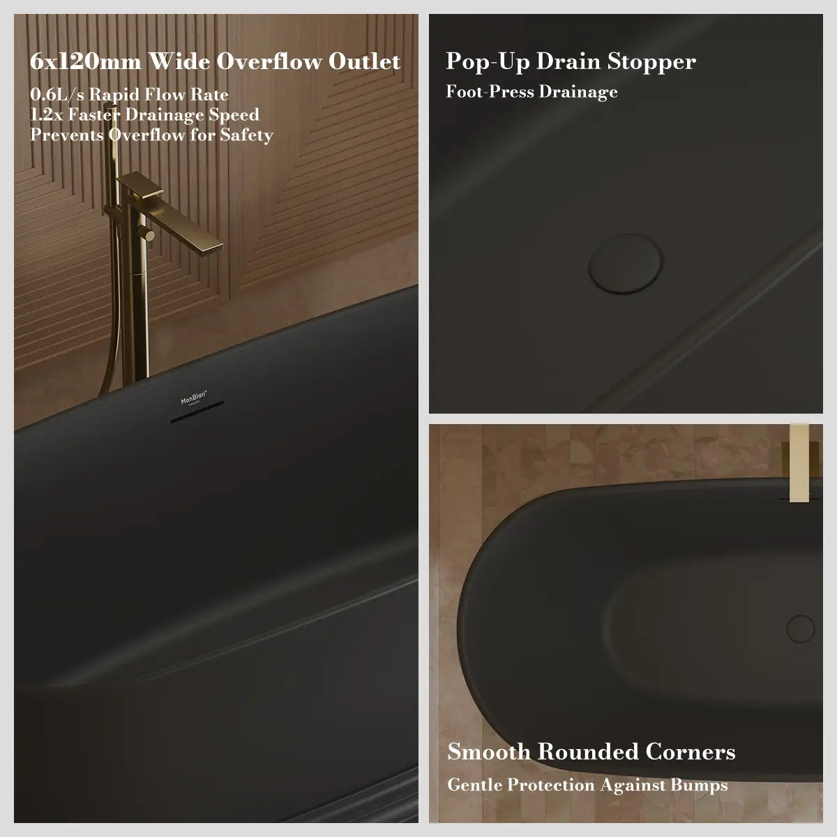 MonBlari TW-7798 Black Acrylic Freestanding Bathtub 1700mm - 1800mm