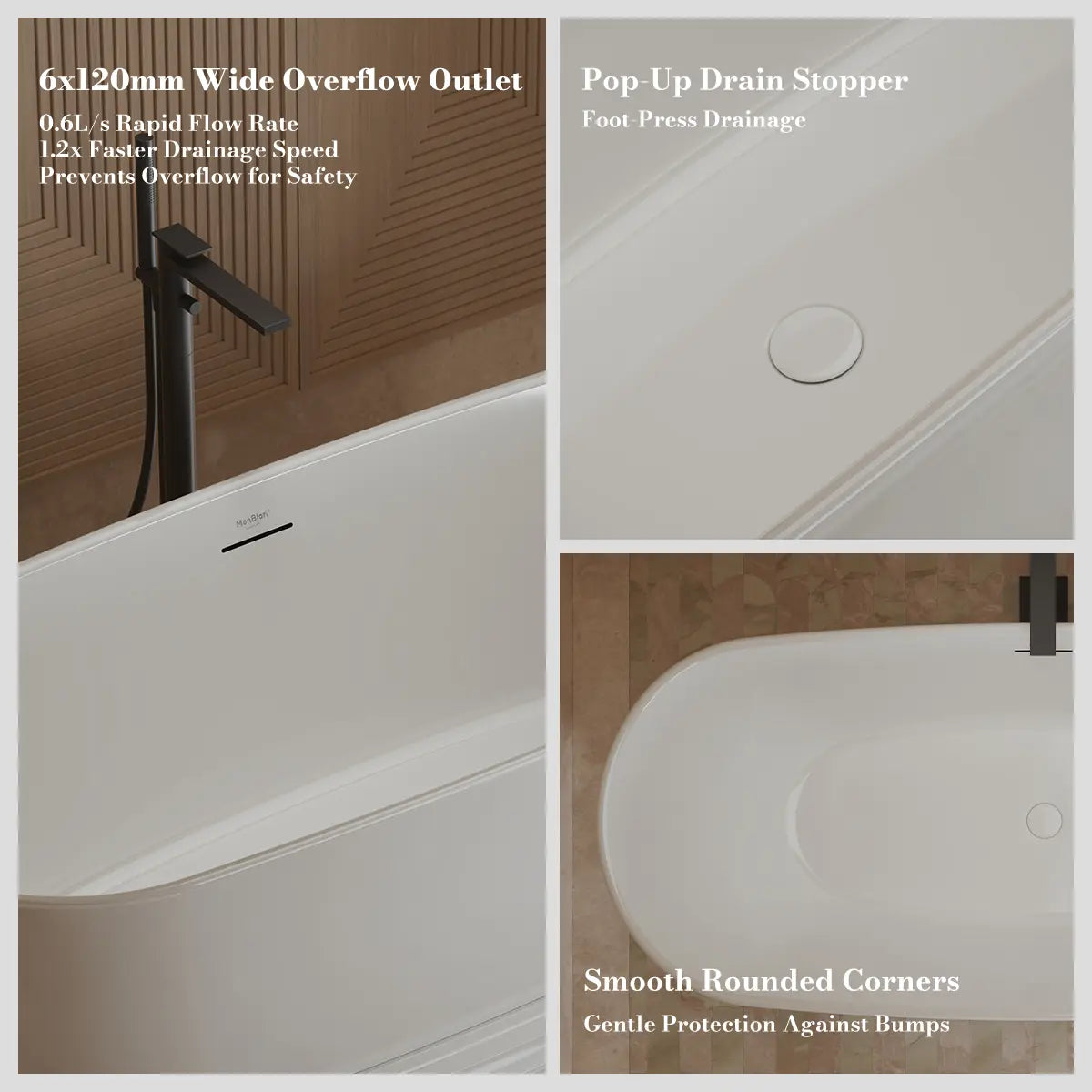 MonBlari TW-7798 White Acrylic Freestanding Bathtub 1700mm - 1800mm