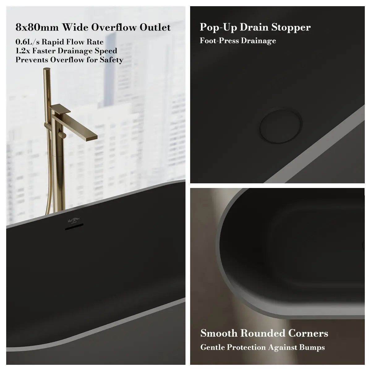 MonBlari TW-8501 Black Solid Surface Freestanding Bathtub 1500mm - 1700mm