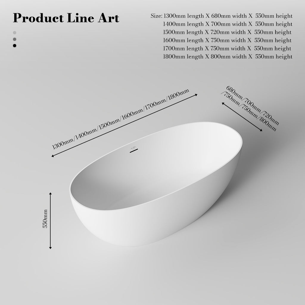 MonBlari TW-8507 White Solid Surface Freestanding Bathtub 1300mm - 1800mm