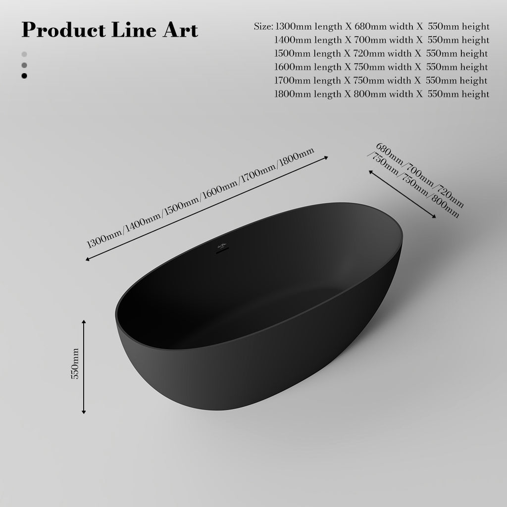 MonBlari TW-8507 Black Solid Surface Freestanding Bathtub 1300mm - 1800mm