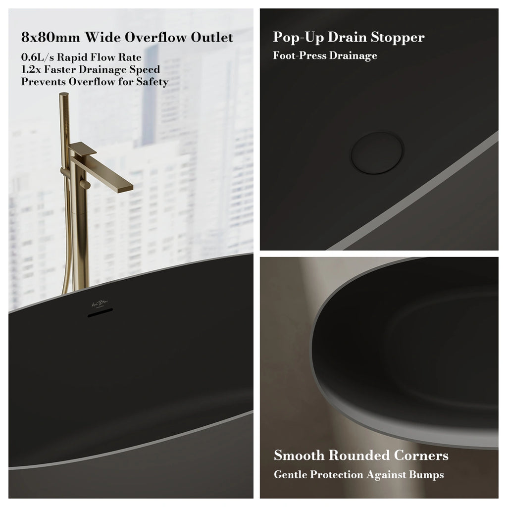 MonBlari TW-8507 Black Solid Surface Freestanding Bathtub 1300mm - 1800mm
