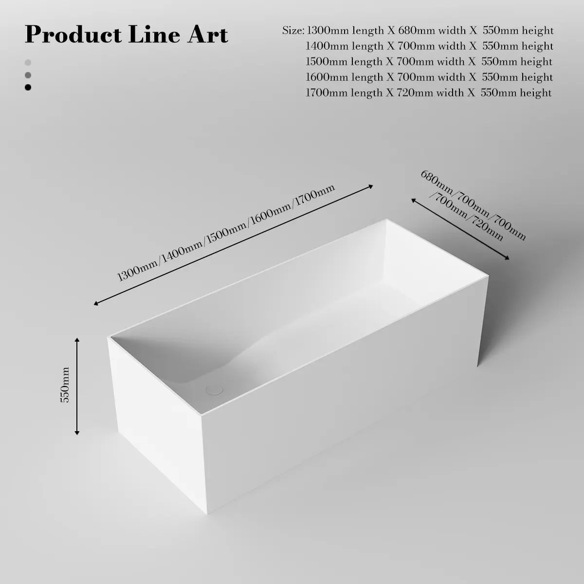 MonBlari TW-8572 White Solid Surface Freestanding Bathtub 1300mm - 1700mm