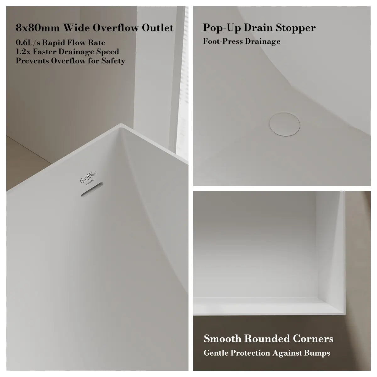 MonBlari TW-8572 White Solid Surface Freestanding Bathtub 1300mm - 1700mm