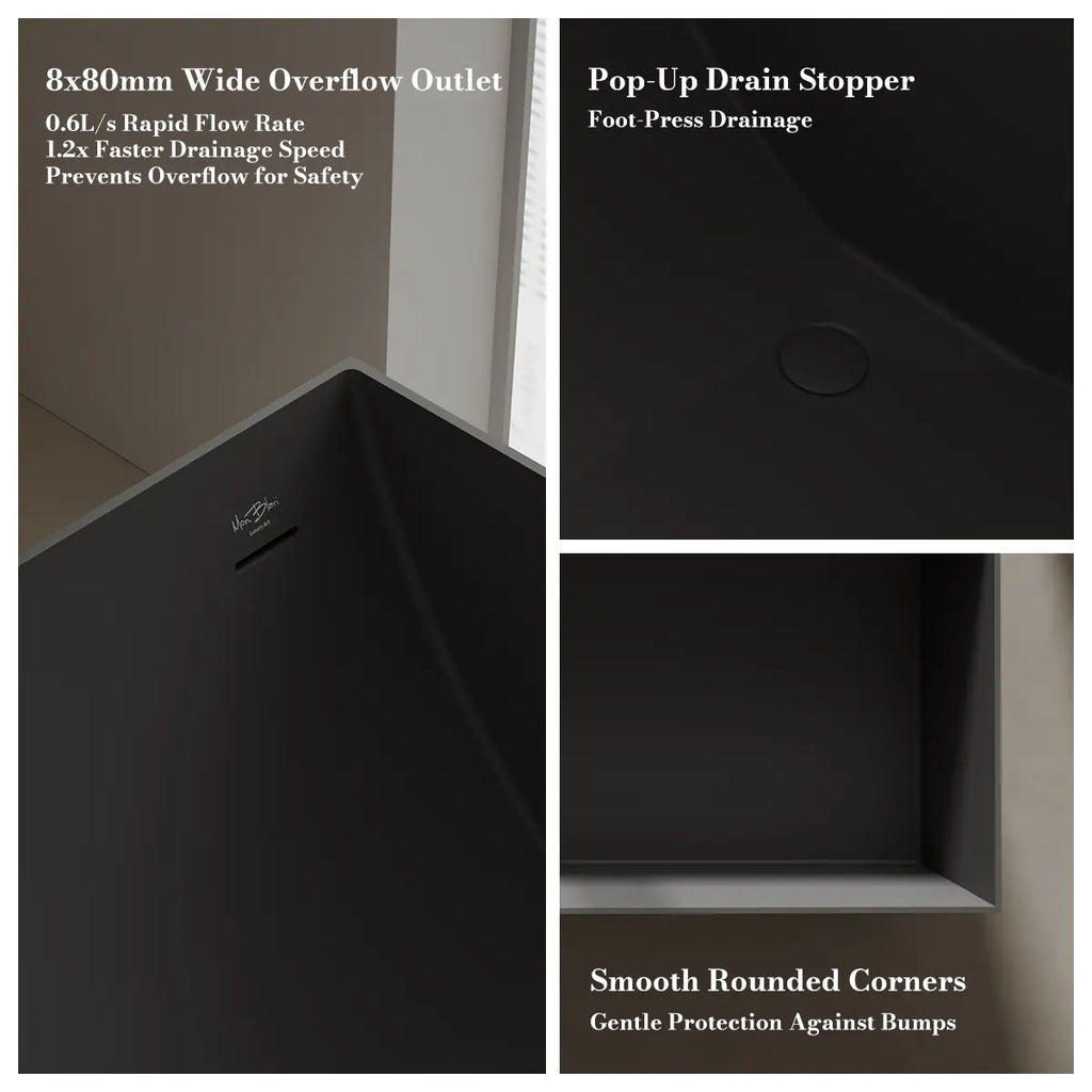 MonBlari TW-8572 Black Solid Surface Freestanding Bathtub 1300mm - 1700mm
