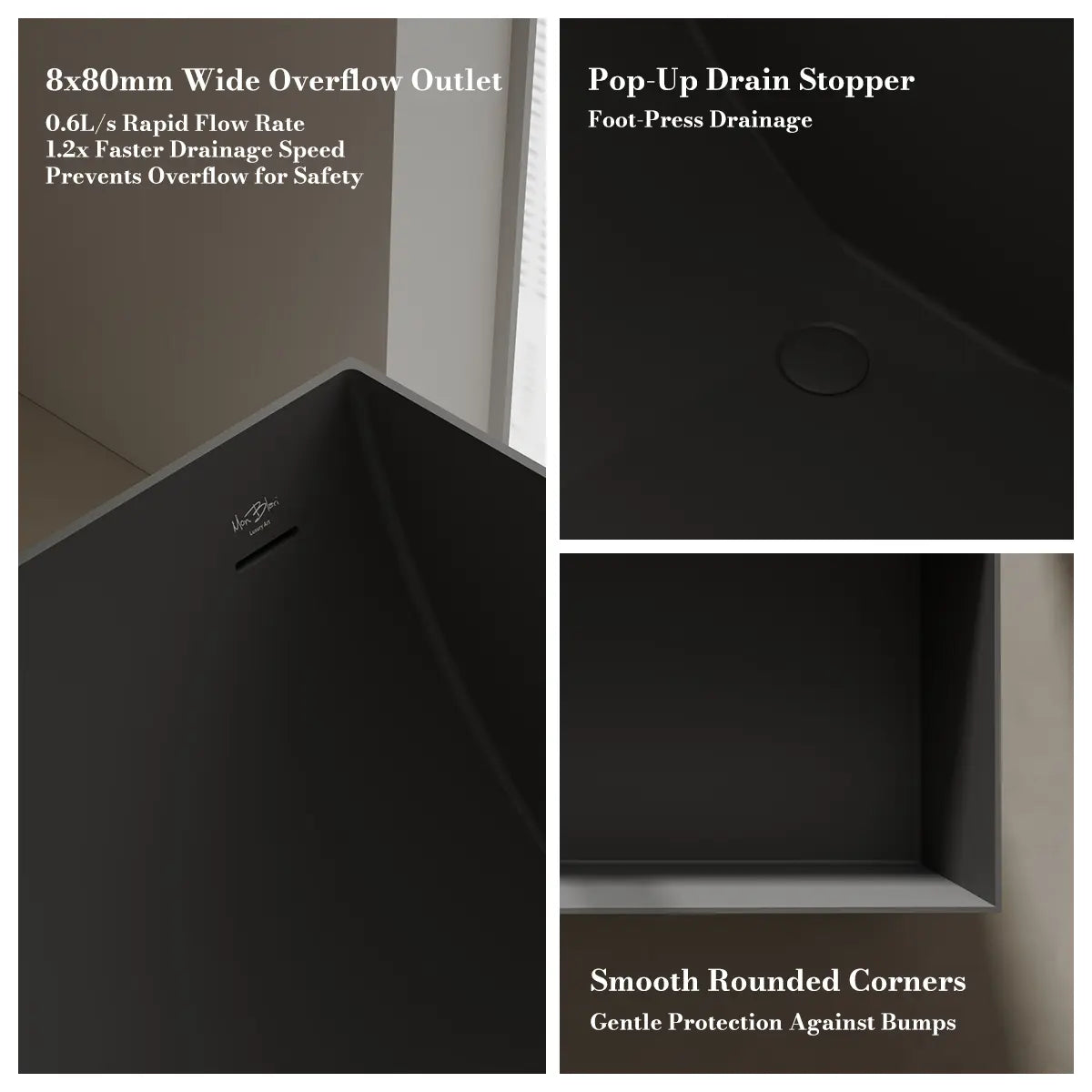 MonBlari TW-8572 Black Solid Surface Freestanding Bathtub 1300mm - 1700mm