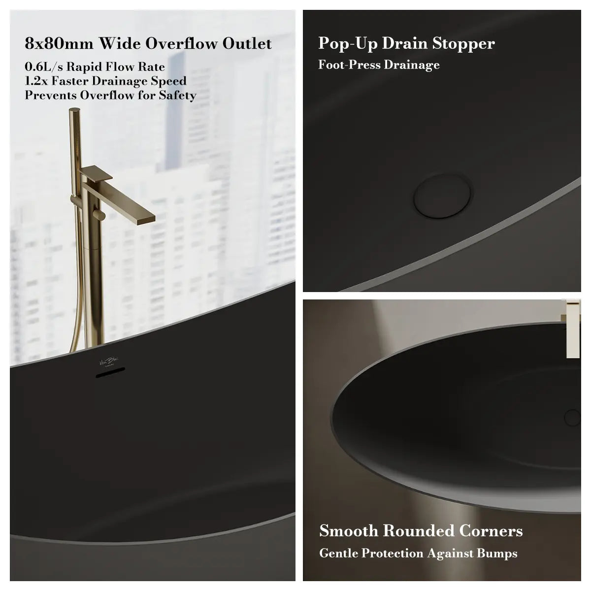 MonBlari TW-8618 Black Solid Surface Double Slipper Bathtub 1800mm
