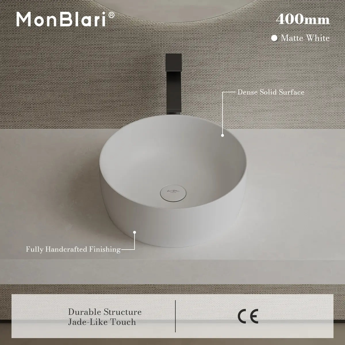 MonBlari TW-A105 White Solid Surface Countertop Basin 400mm