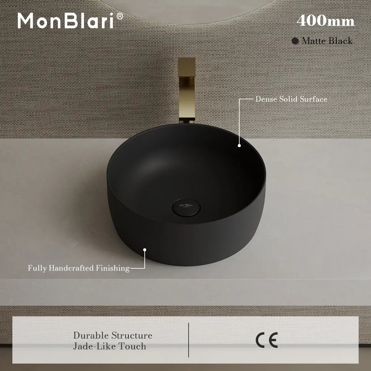 MonBlari TW-A105 Black Solid Surface Countertop Basin 400mm
