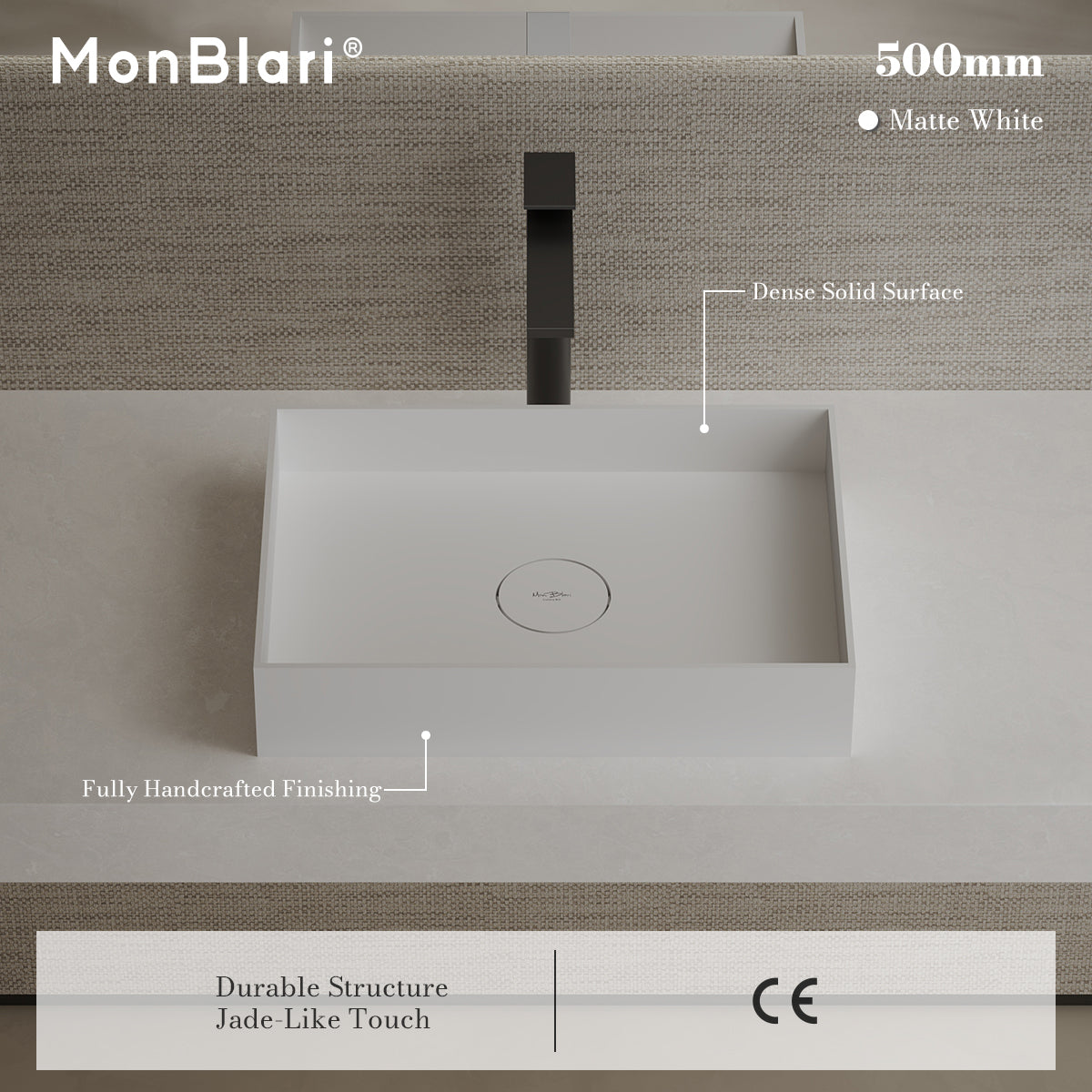 MonBlari TW-A112 White Solid Surface Countertop Basin 450mm - 500mm