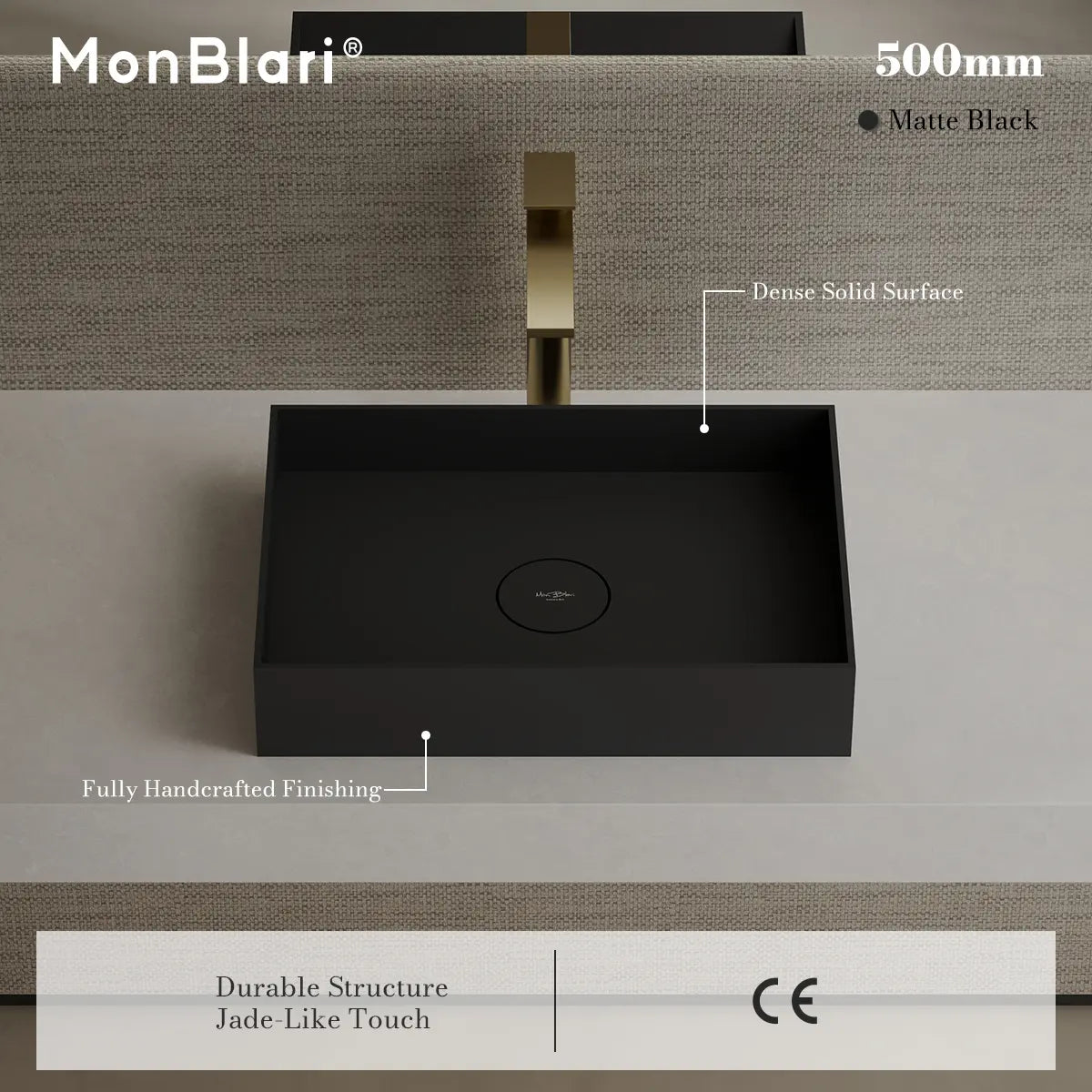 MonBlari TW-A112 Black Solid Surface Countertop Basin 450mm - 500mm