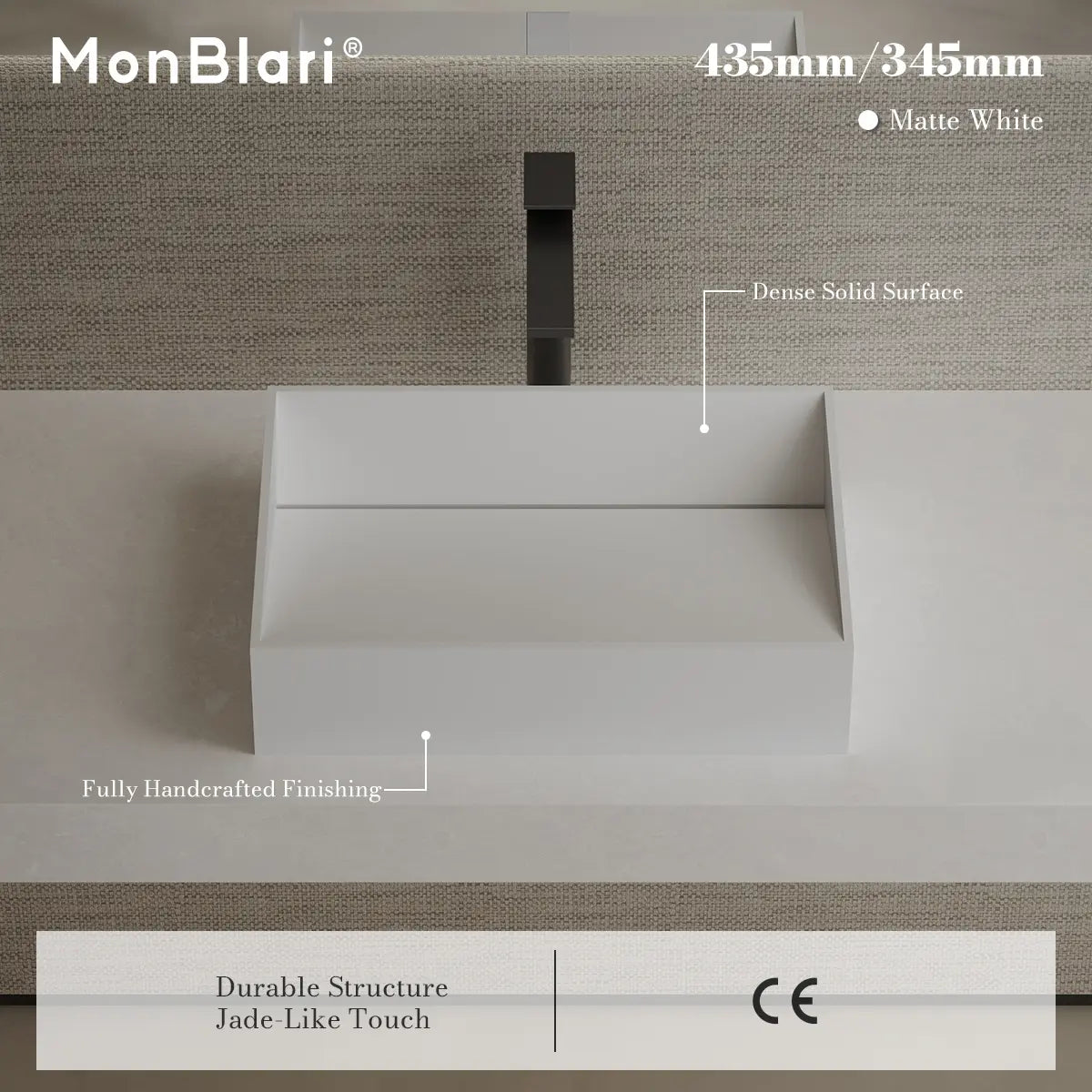 MonBlari TW-A113 White Solid Surface Countertop Basin 450mm - 600mm